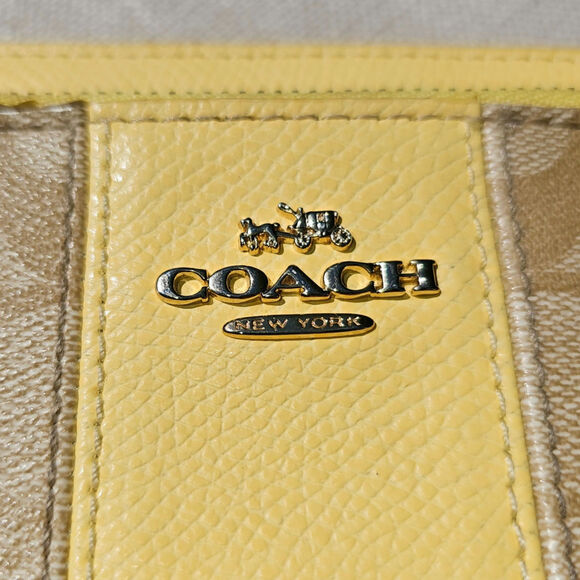 Coach Signature Yellow and Tan Zip around Wallet 2 zippers Wrist Strap - Picture 4 of 10